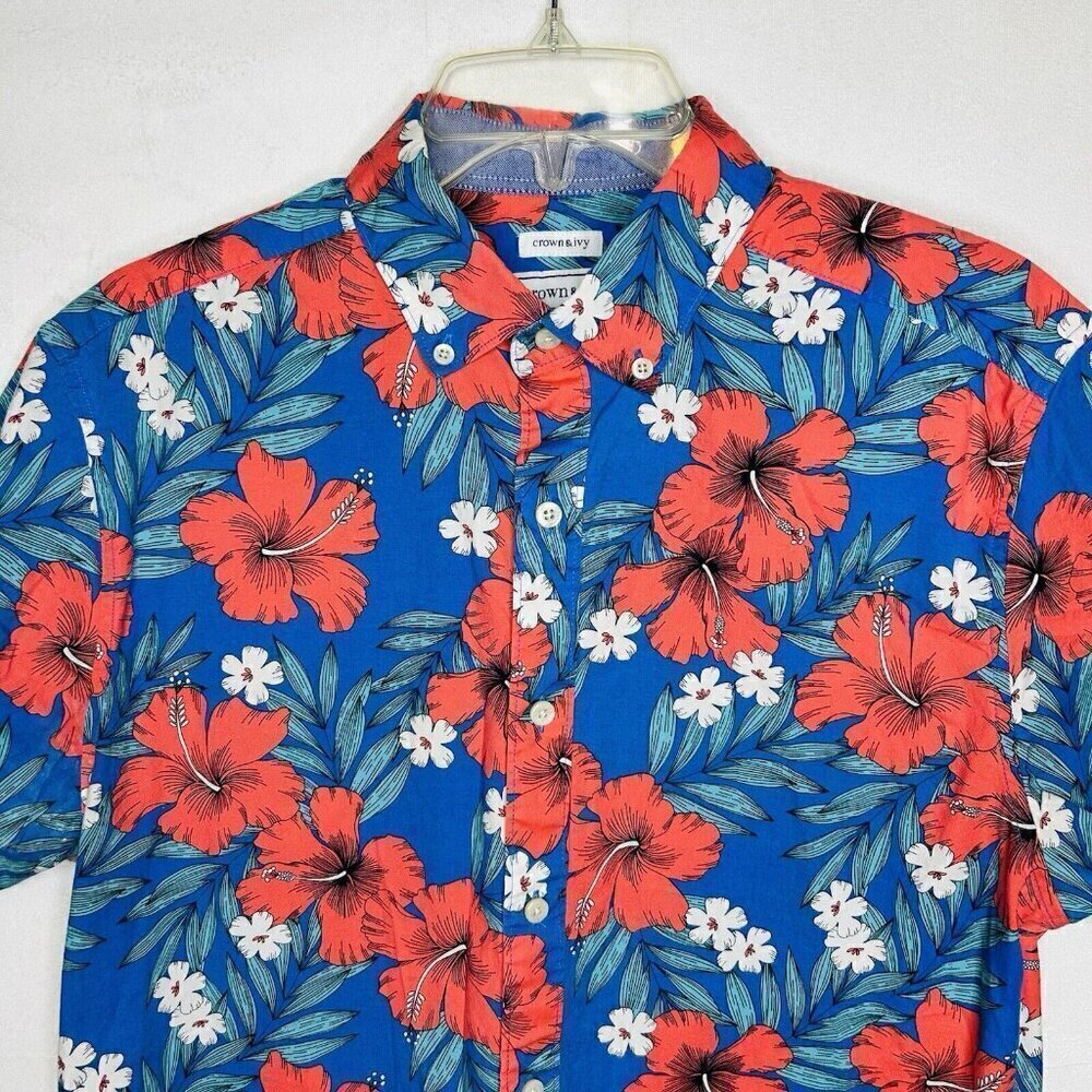 Crown & Ivy Mens Button Down Shirt Sz M Short Sleeve Hawaiian Tropical - Picture 2 of 6
